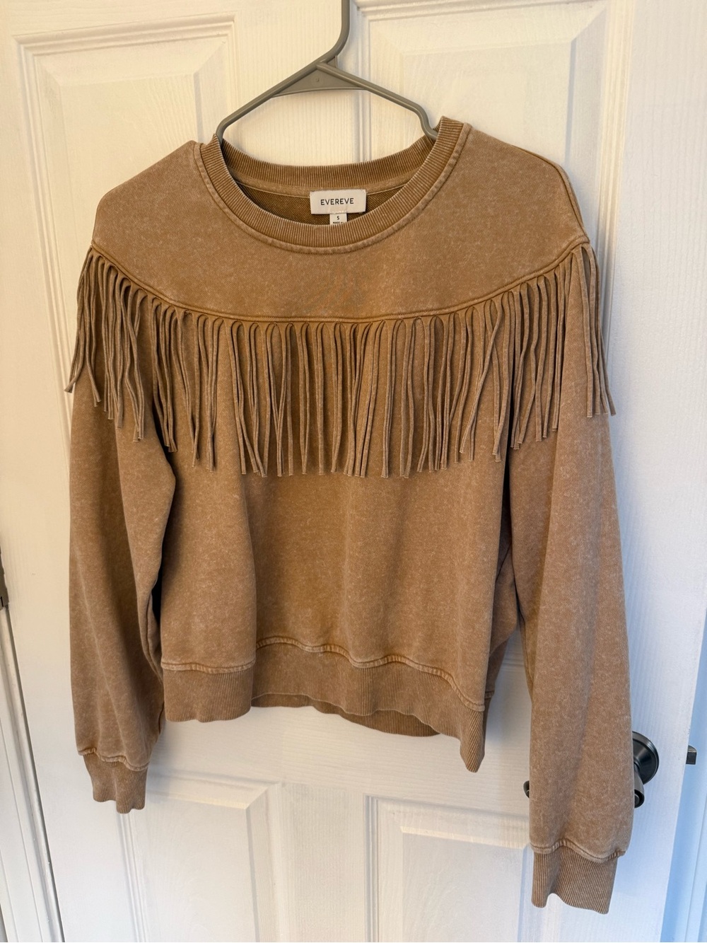 Evereve Tan Fringed Crewneck Sweater